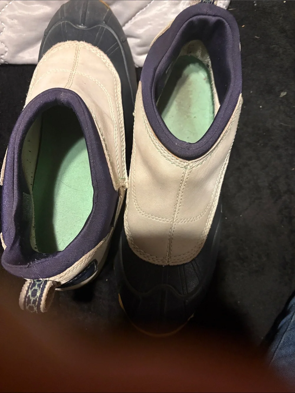 L.L. Bean Two-Tone Waterproof Slip-On Duck Boots in Navy and Cream